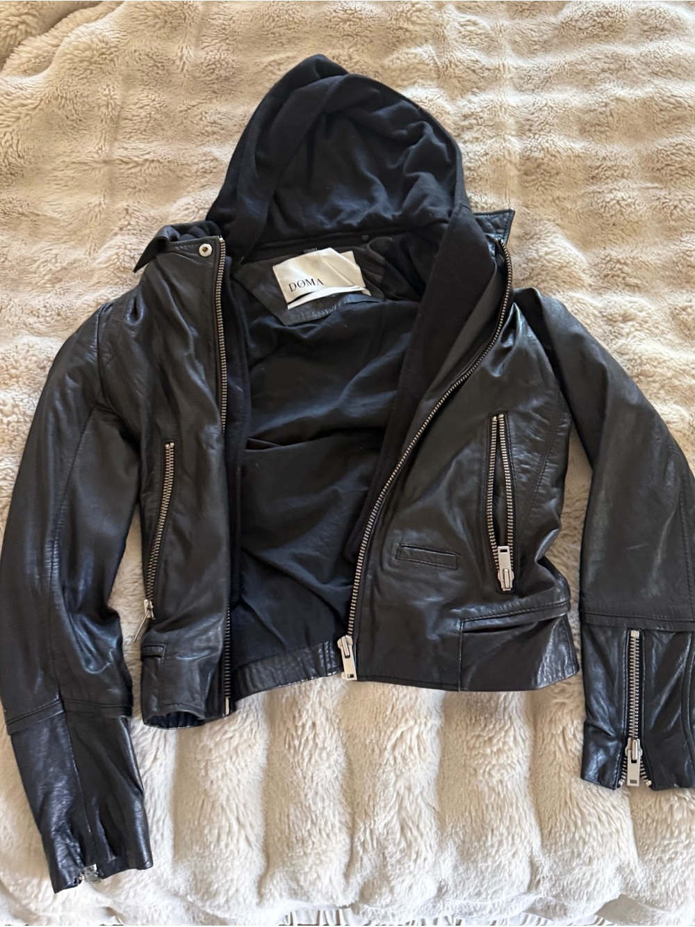 Doma Black Leather Hooded Moto-Style Jacket